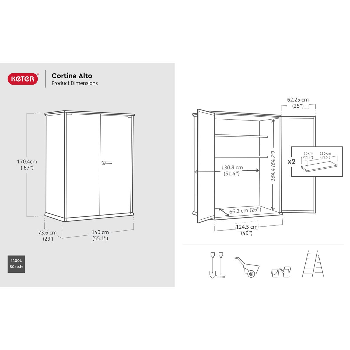 Keter Cortina Alto 4ft 6" x 2ft 4" (1.4 x 0.7m) 1,415 Litre Vertical Storage Shed with Shelves